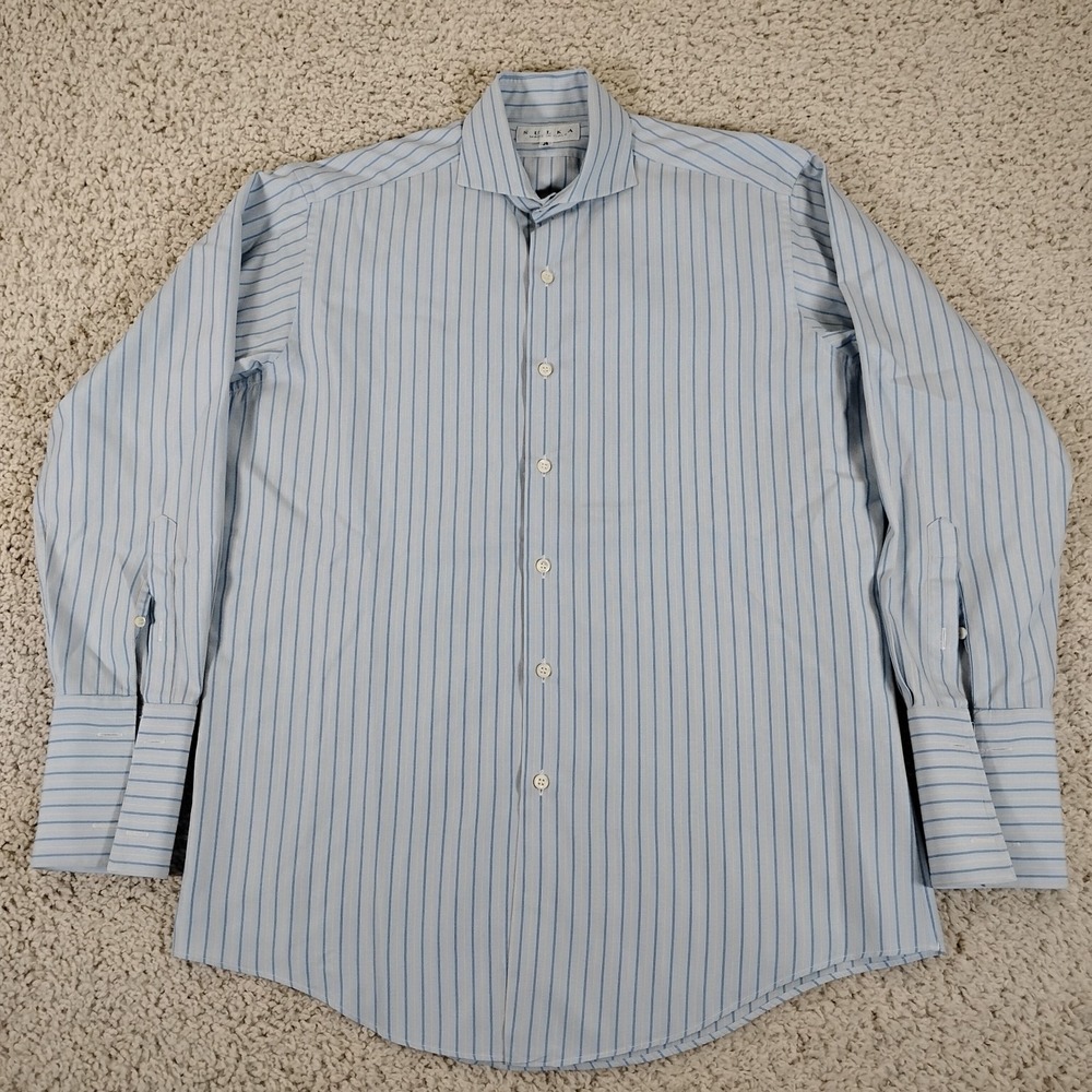Sulka Shirt Mens 16 32 Blue Italy Dress Long Sleeve French Cuff Striped Formal B